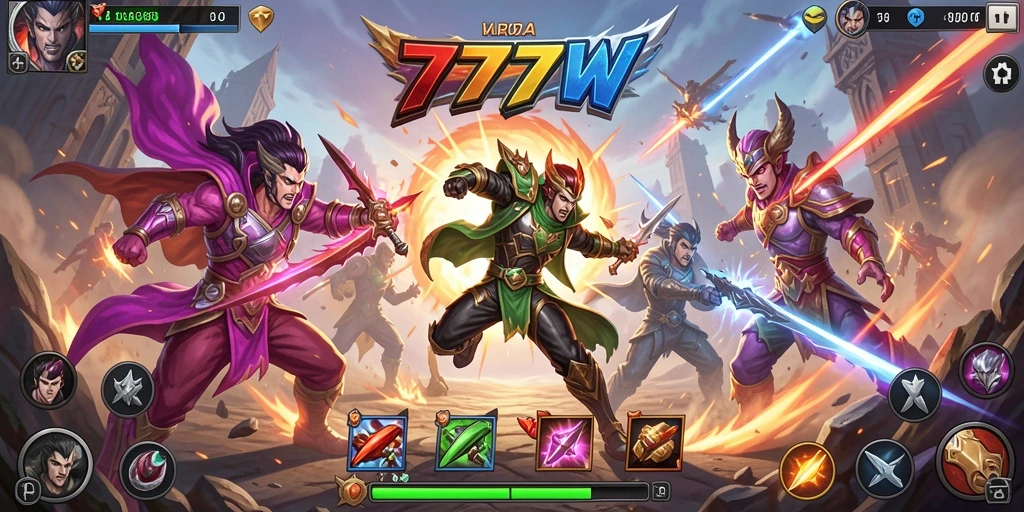 Screenshot gameplay 7777W menunjukkan aksi pertarungan yang intens.