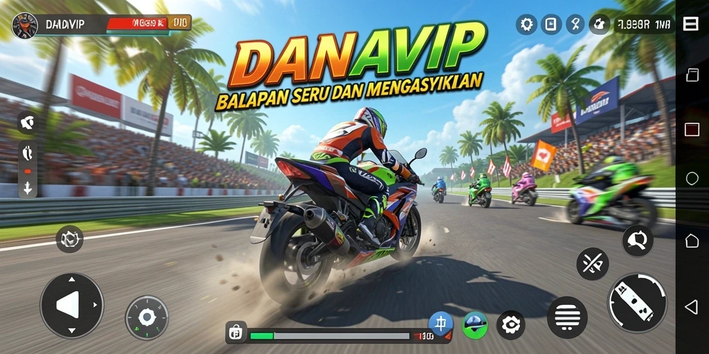 Screenshot gameplay DANAVIP yang menunjukkan balapan motor seru.