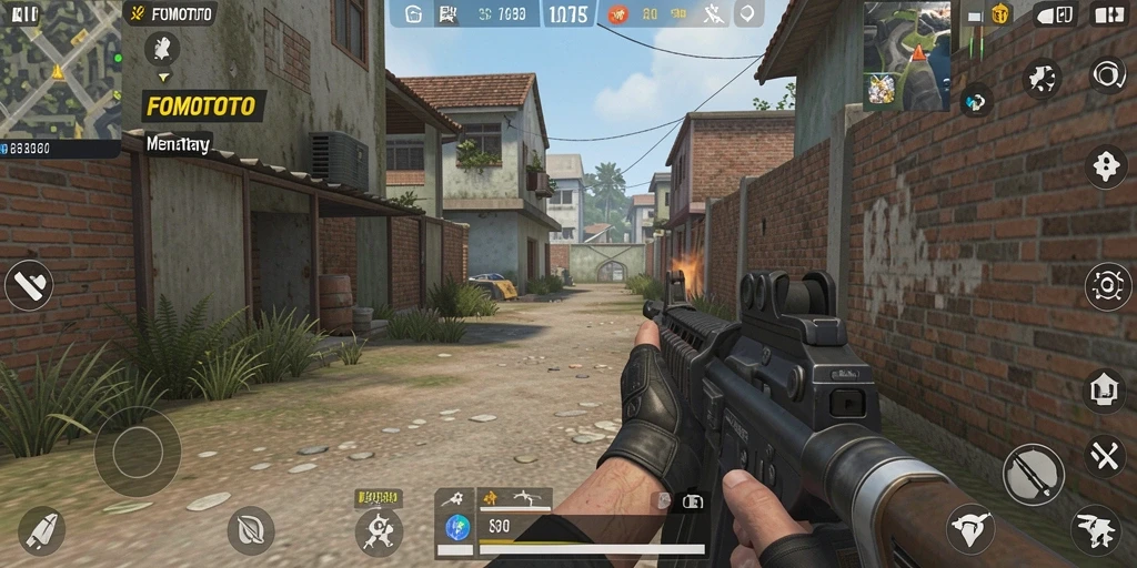 Gameplay FOMOTOTO dengan aksi menembak yang intens.