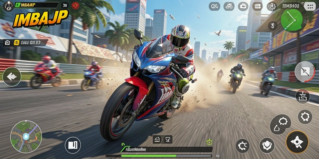 Tampilan gameplay mendebarkan IMBAJP saat balapan motor.