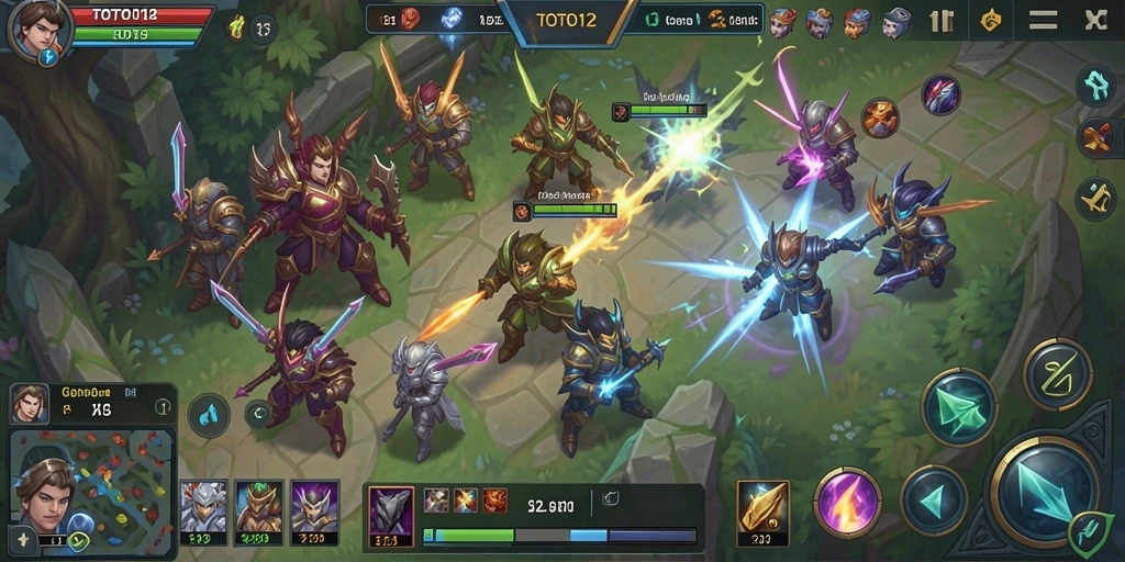Screenshot TOTO12 menampilkan pertarungan karakter yang intens dalam arena MOBA.